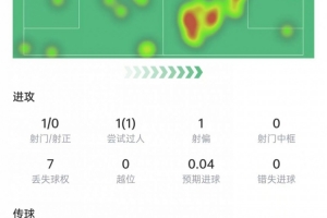 佩德里本场数据：9次长传全部成功，7次对抗6次成功&获评8.1分