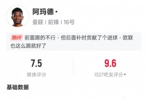 阿玛德本场数据：1进球1关键传球2过人成功，评分7.5