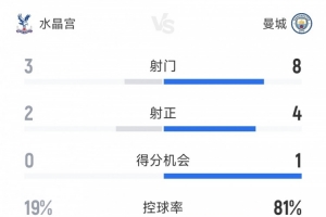 曼城0-1水晶宫半场数据：射门8-3，射正4-2，曼城控球率超8成