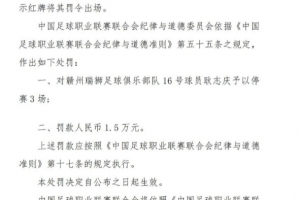 官方：赣州瑞狮球员耿志庆脚踢对手面部，停赛3场罚款1.5万元